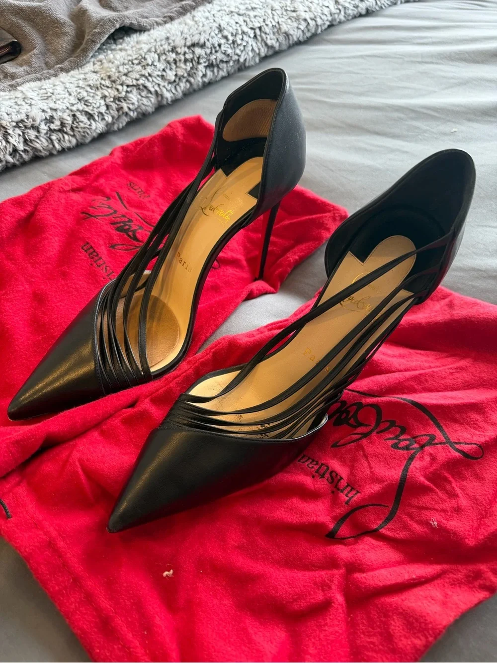 Christian Louboutin Black Pointed Leather Multi-Strap Pumps